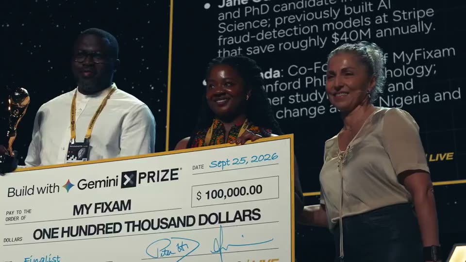 A Build with Gemini XPRIZE team holding a giant check